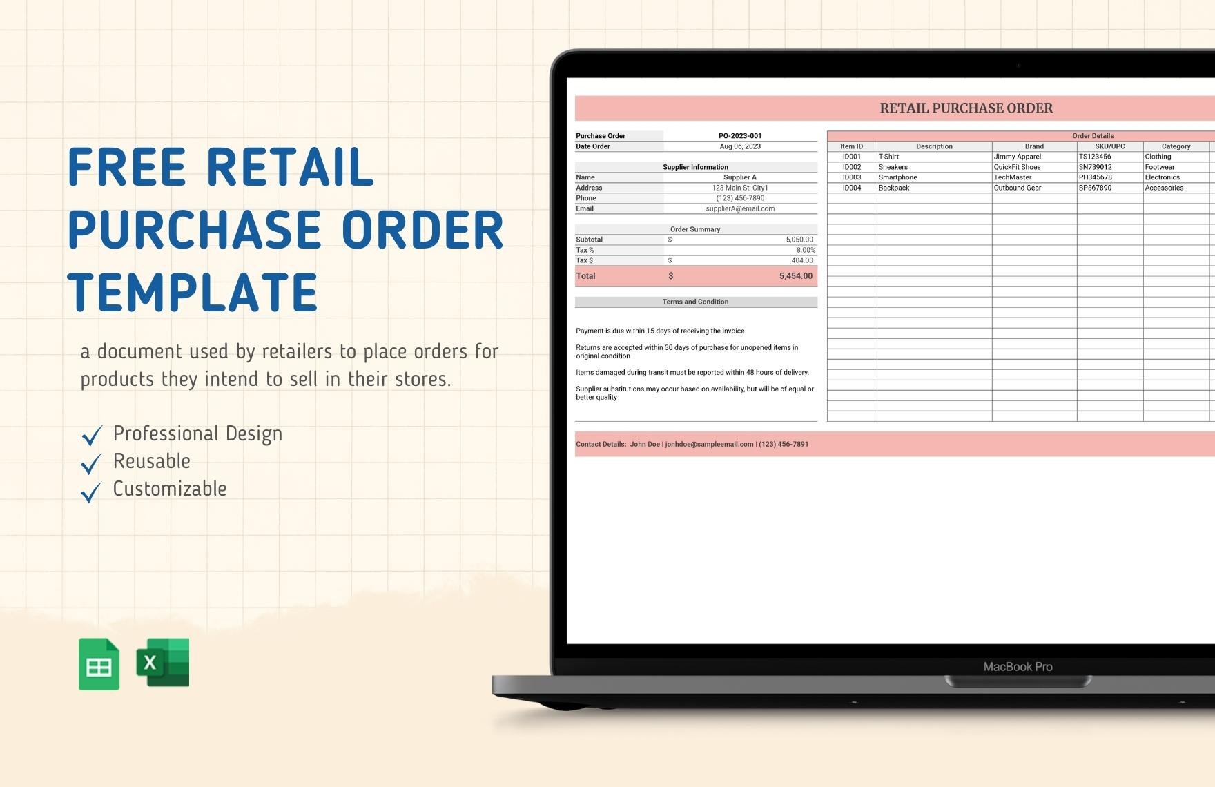 Retail Purchase Order Template in Excel, Google Sheets, Adobe XD