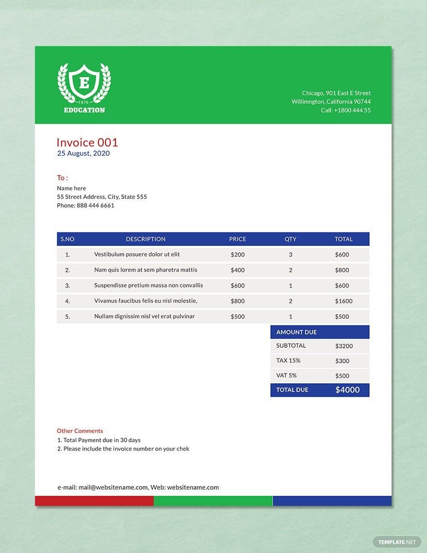 A4 Education Invoice Template