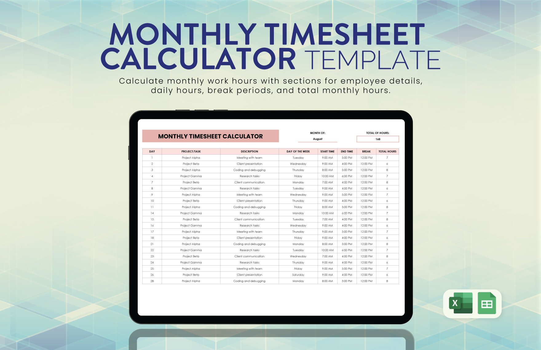 Monthly Timesheet Calculator Template in Excel, Google Sheets