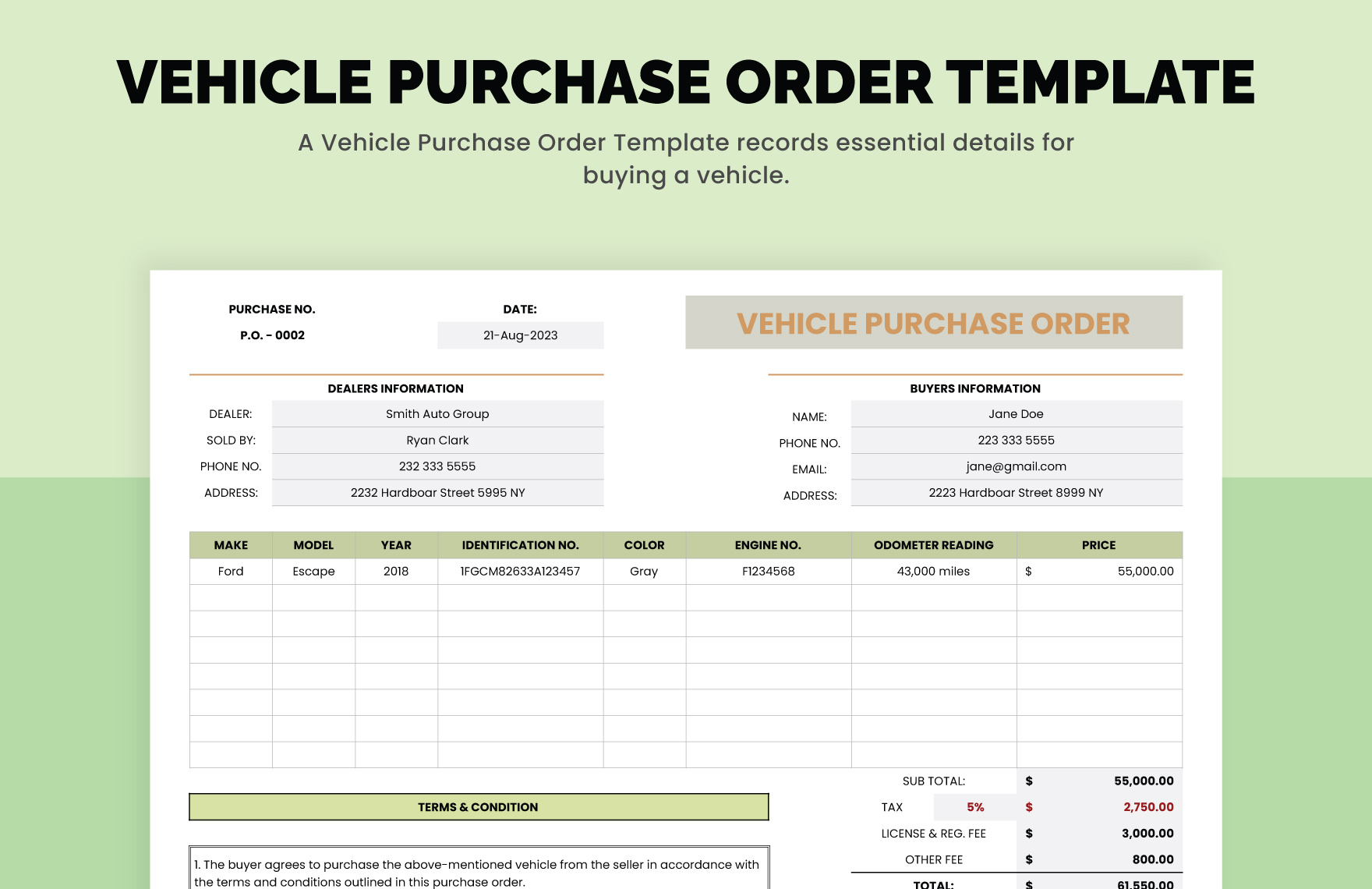Vehicle Purchase Order Template - Download in Excel, Google Sheets ...