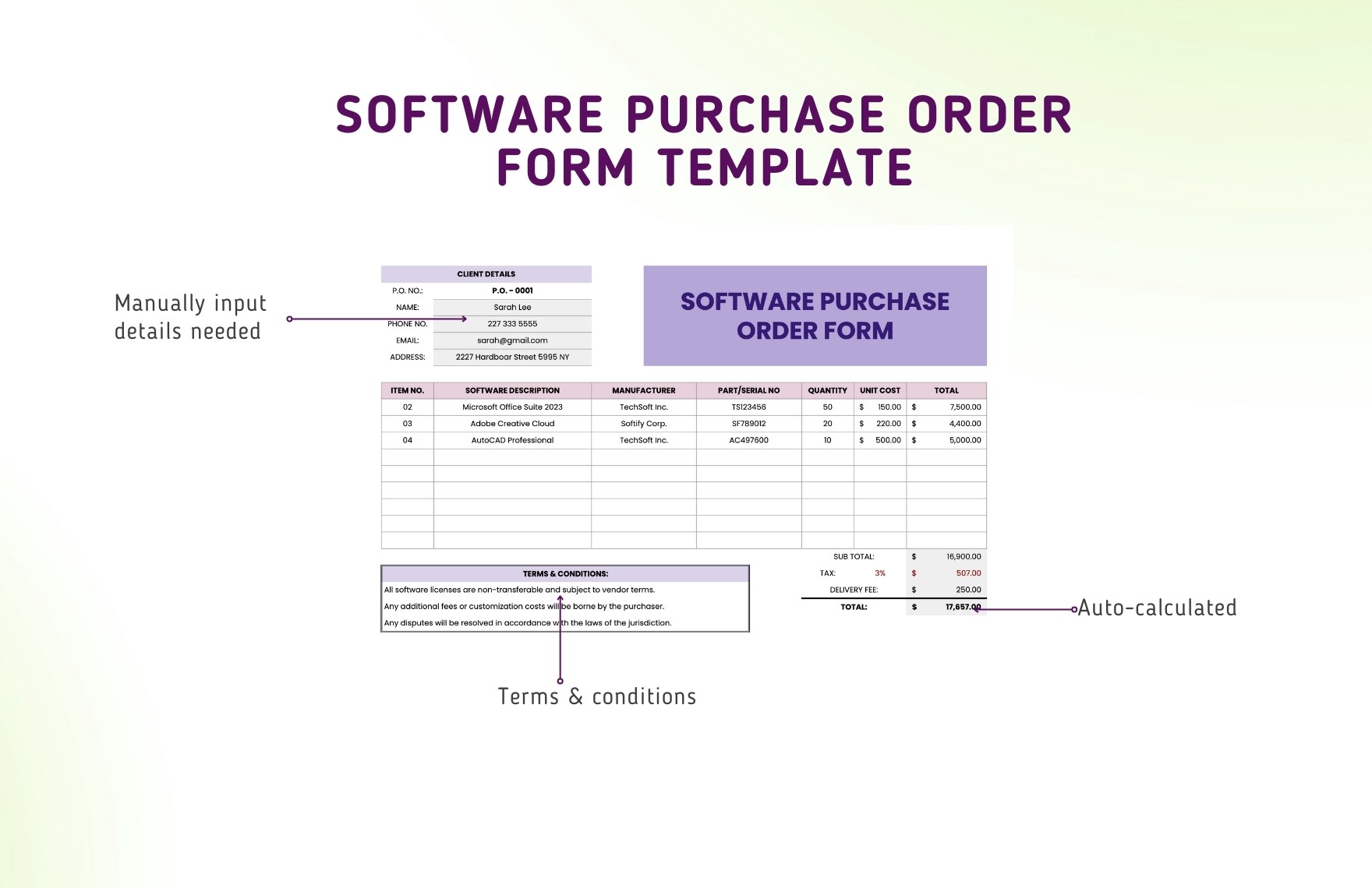 Software Purchase Order Form Template