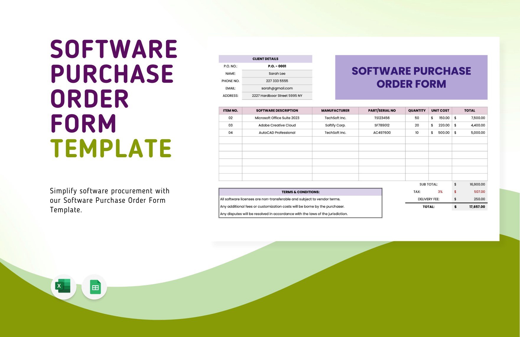 Software Purchase Order Form Template in Excel, Google Sheets