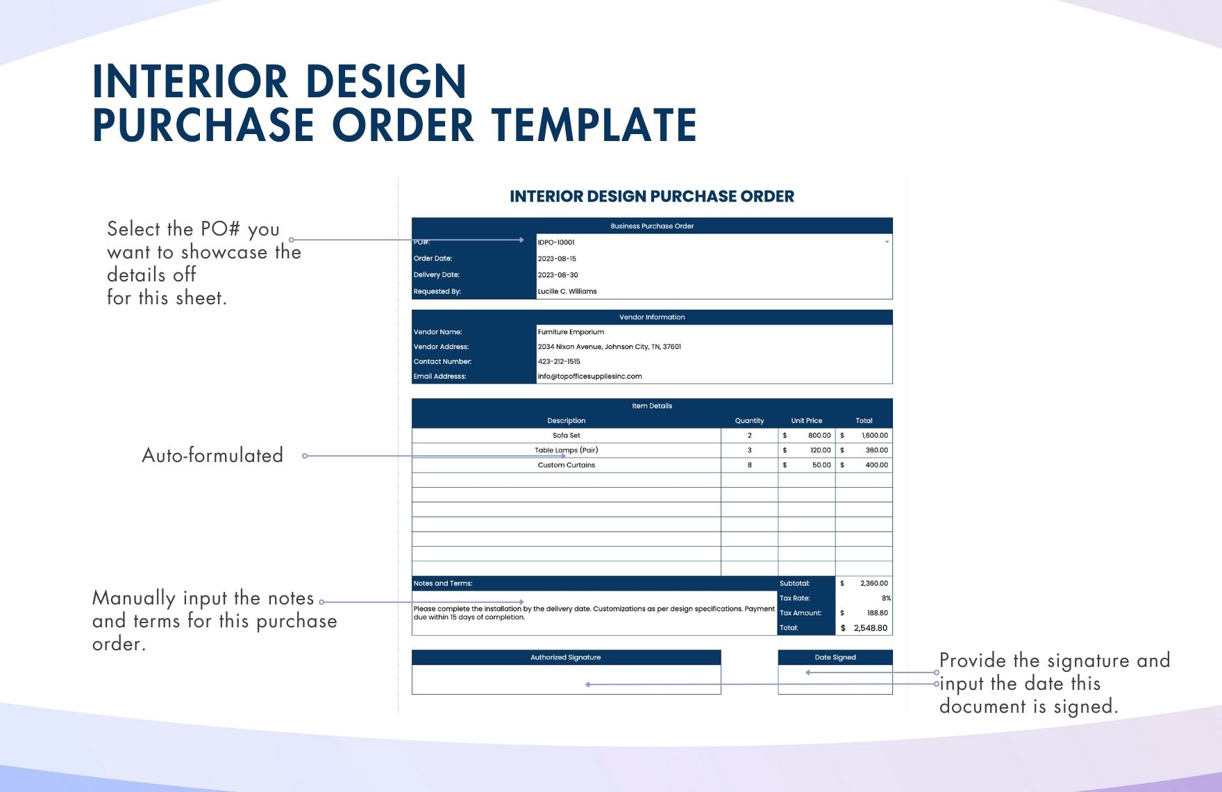 Interior Design Purchase Order Template