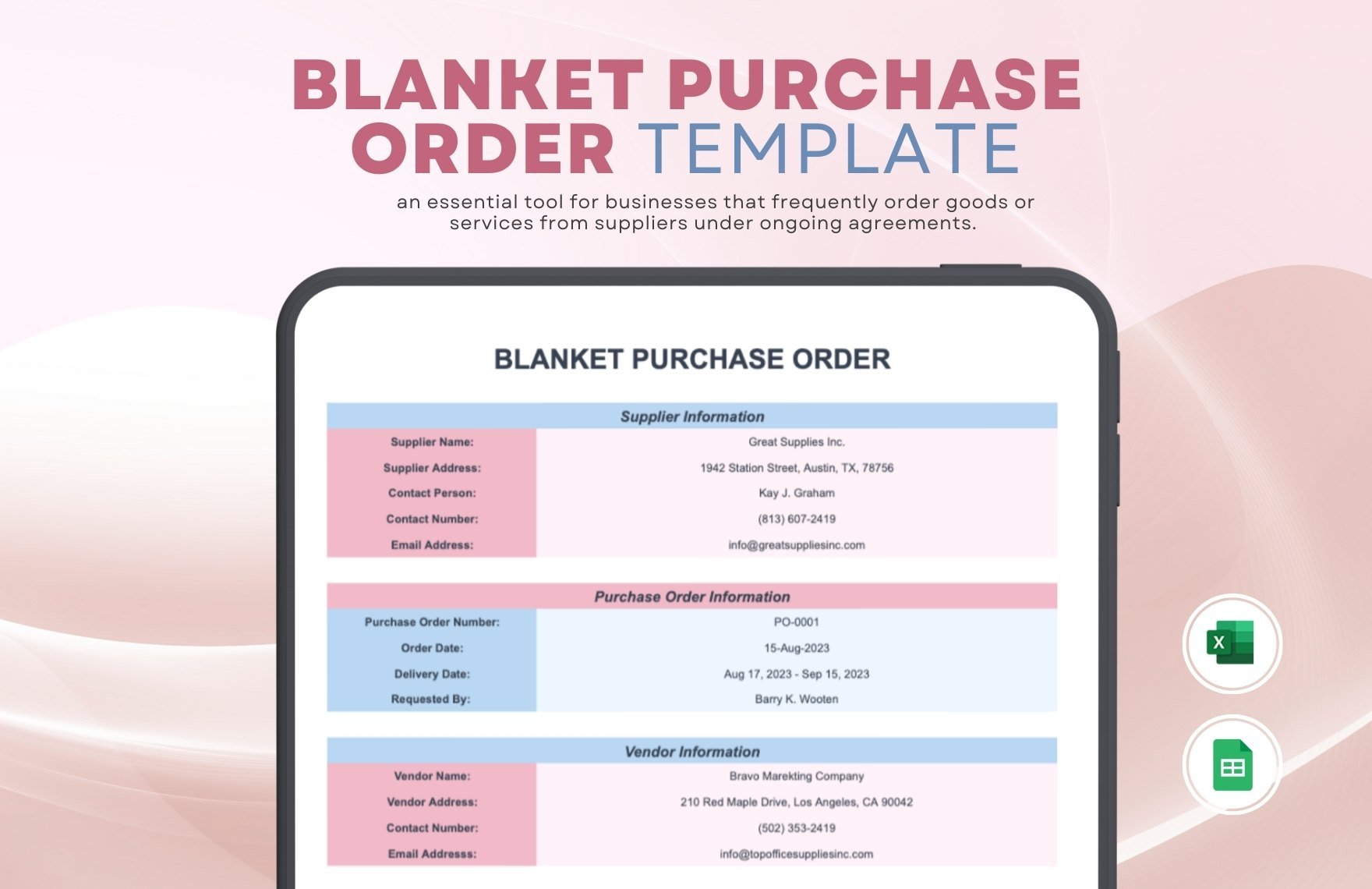 Blanket Purchase Order Template in Excel, Google Sheets - Download ...