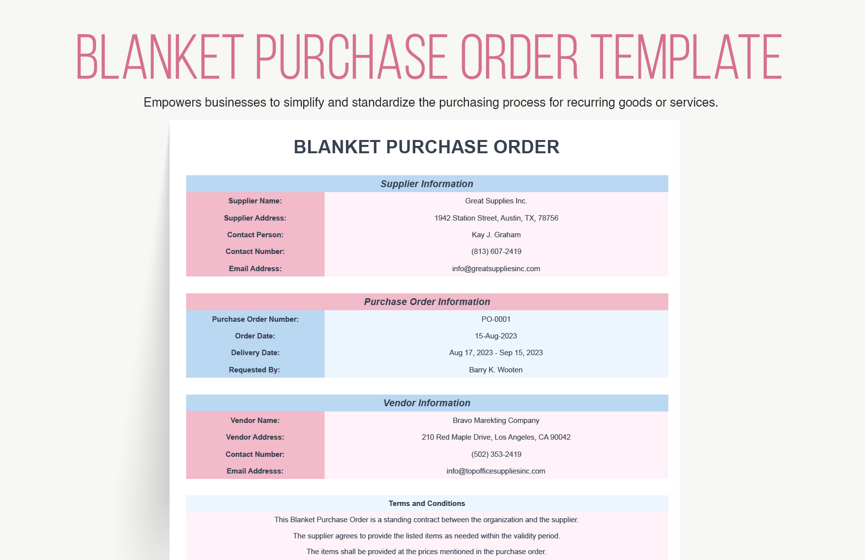 Blanket Purchase Order Template Download in Excel Google Sheets