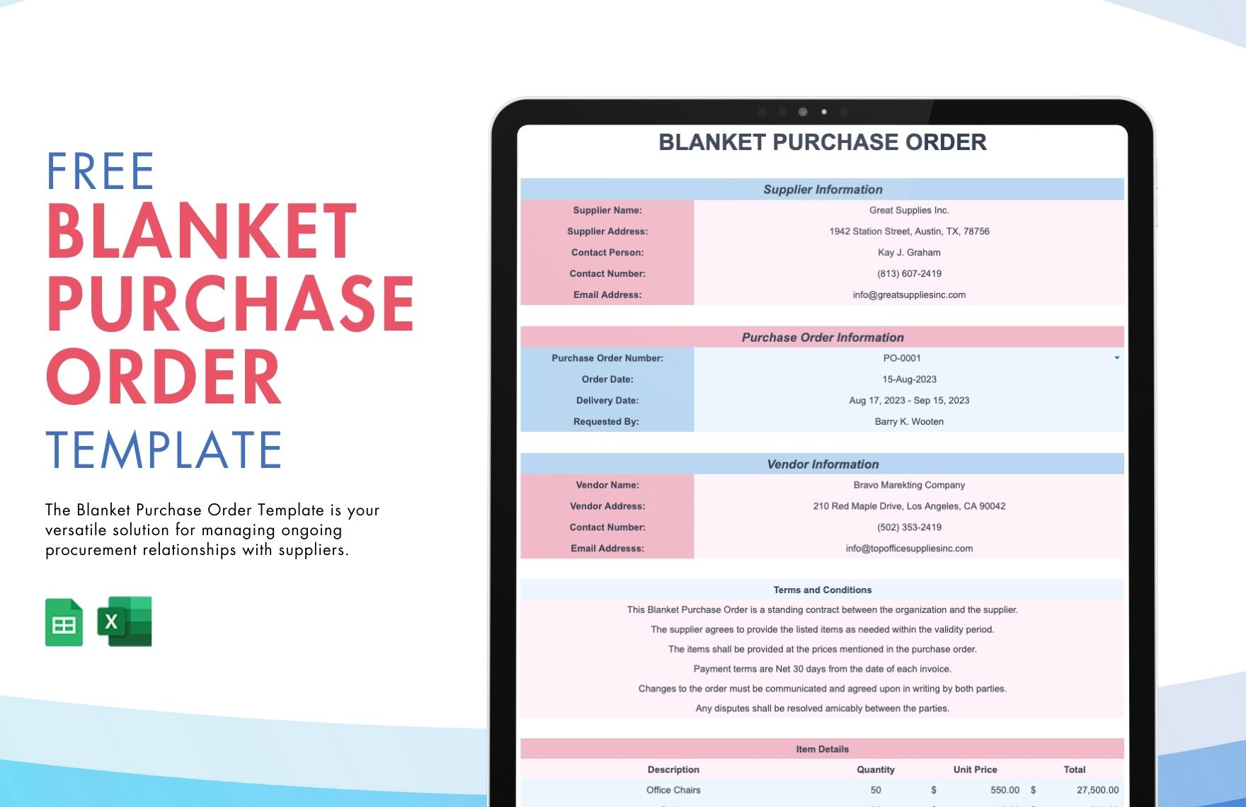 Blanket Purchase Order Template in Excel Google Sheets Download