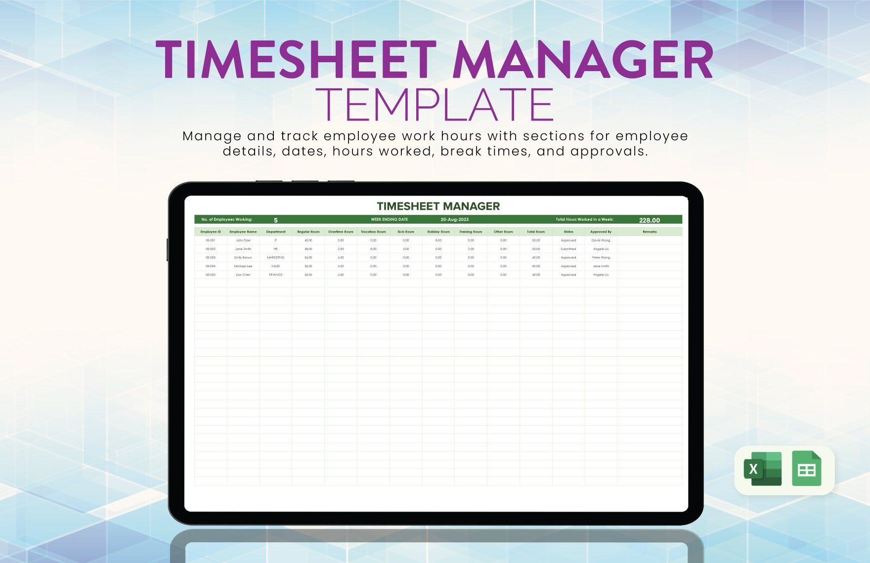 Timesheet Manager Template in Excel, Google Sheets - Download | Template.net