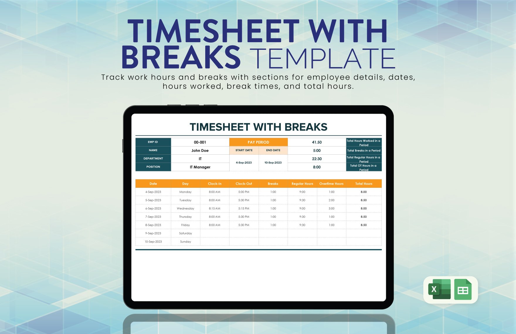 Timesheet with Breaks Template in Excel, Google Sheets