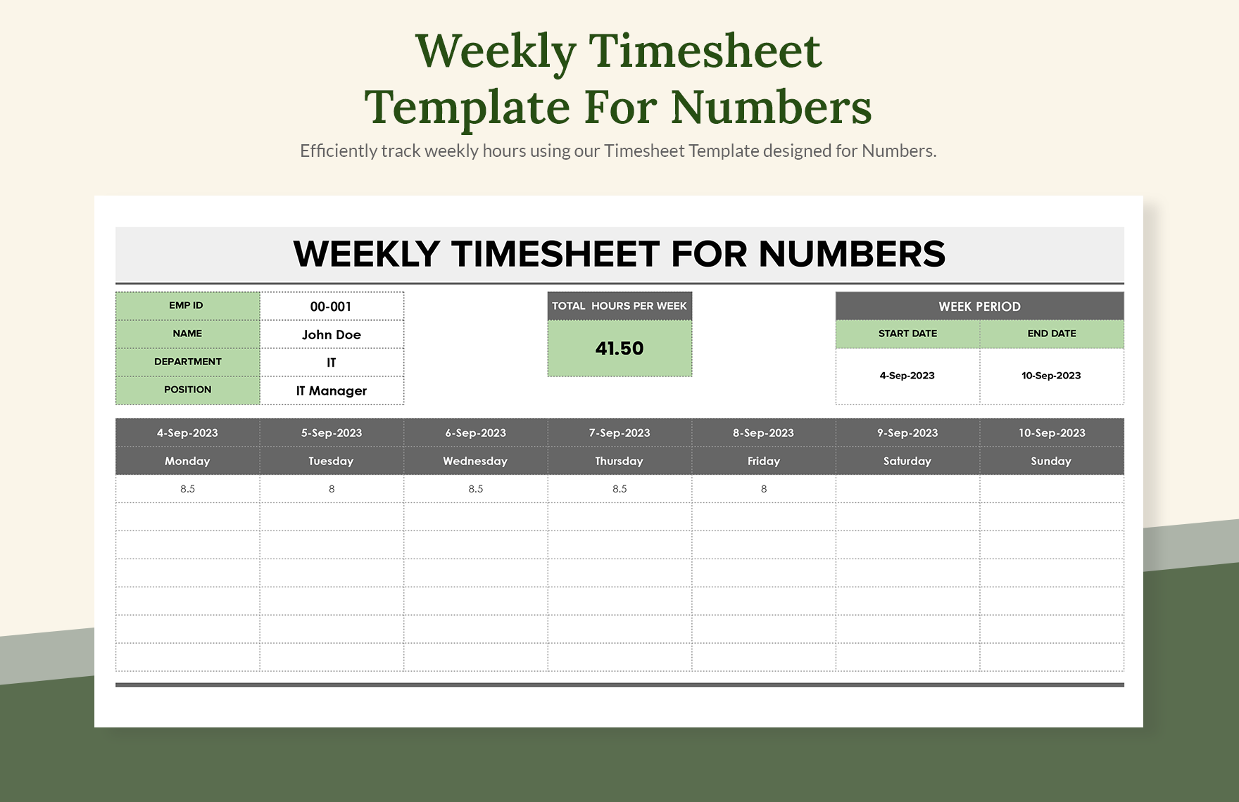 Weekly Timesheet Template For Numbers in Excel, Google Sheets