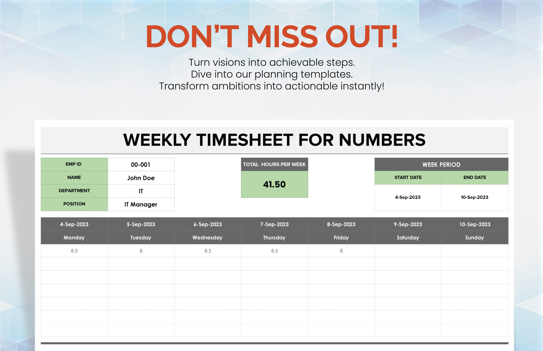 Weekly Timesheet Template For Numbers