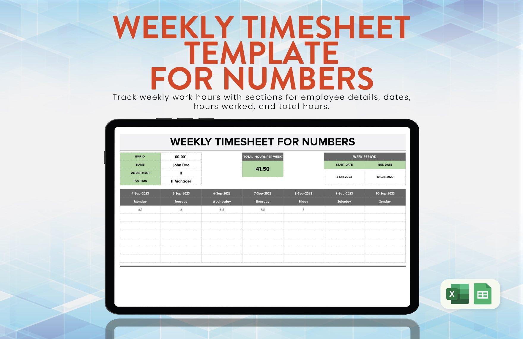 Weekly Timesheet Template For Numbers in Excel, Google Sheets - Download | Template.net