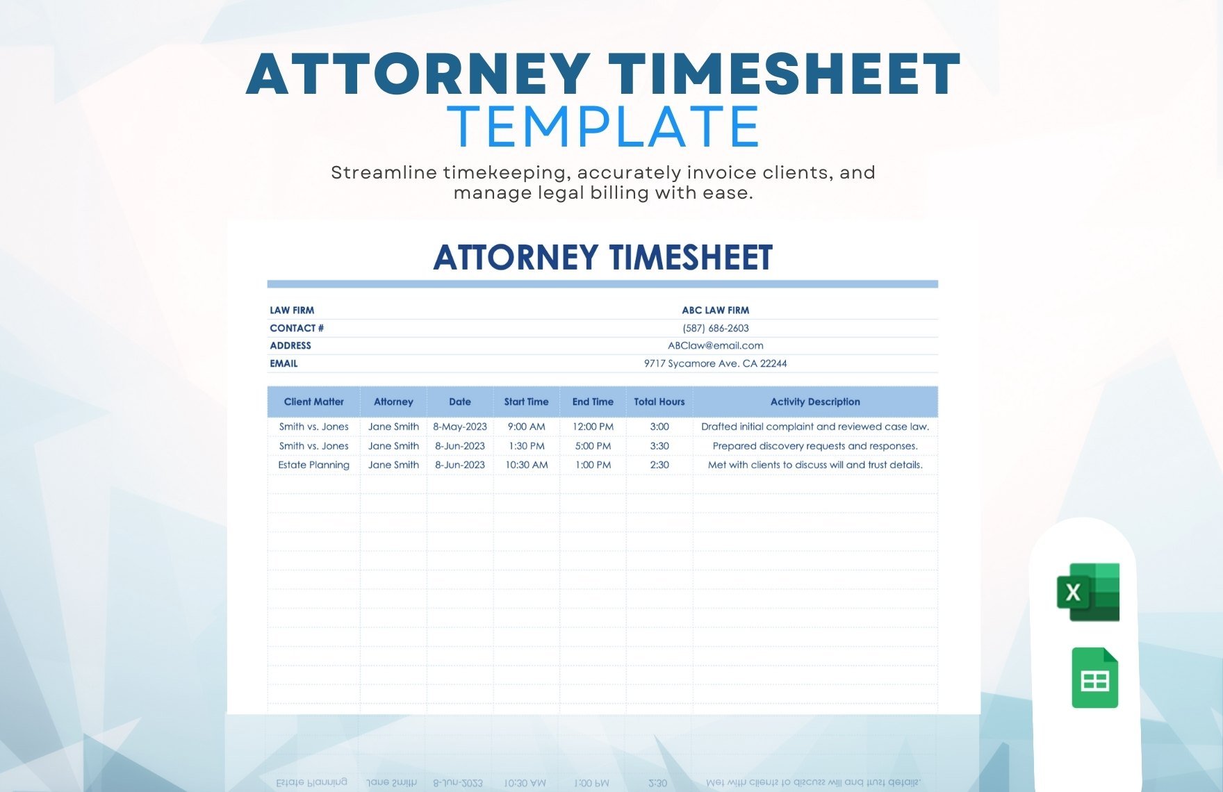 Attorney Timesheet Template in Excel, Google Sheets - Download | Template.net