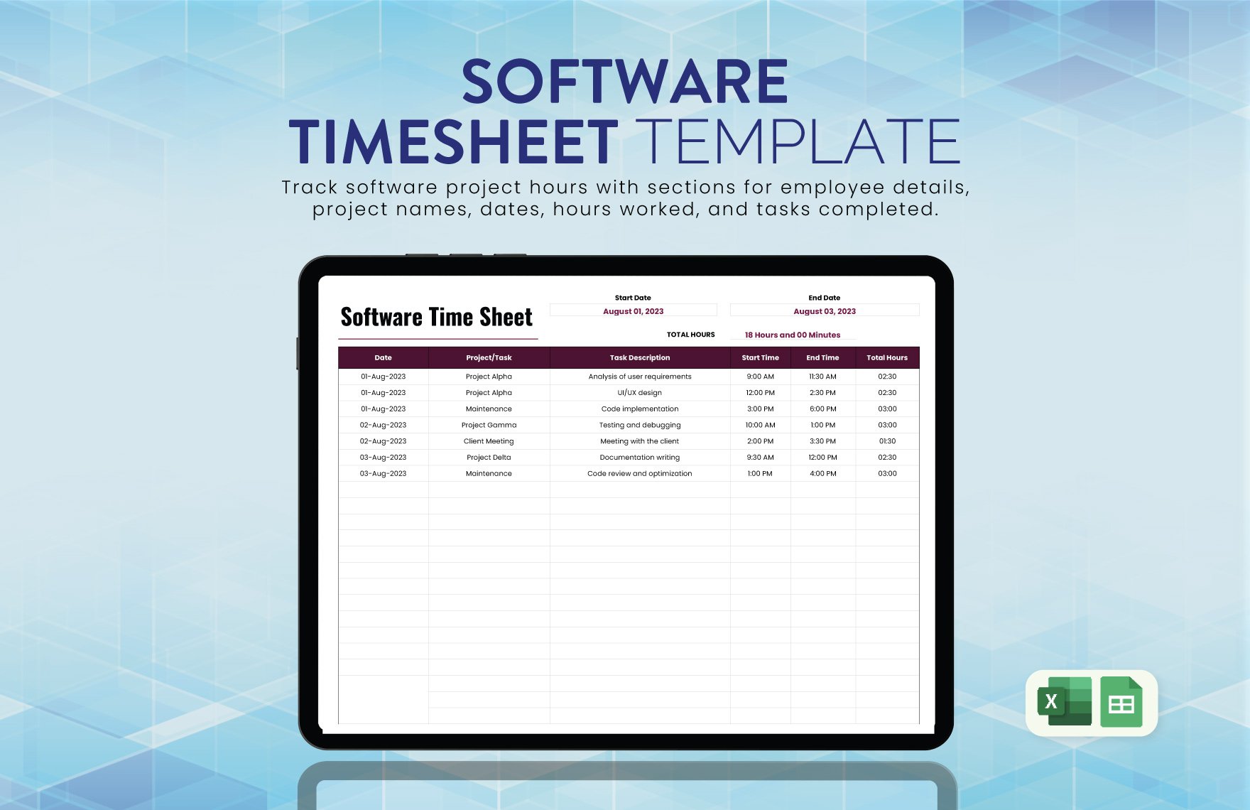 Software Timesheet Template in Excel, Google Sheets