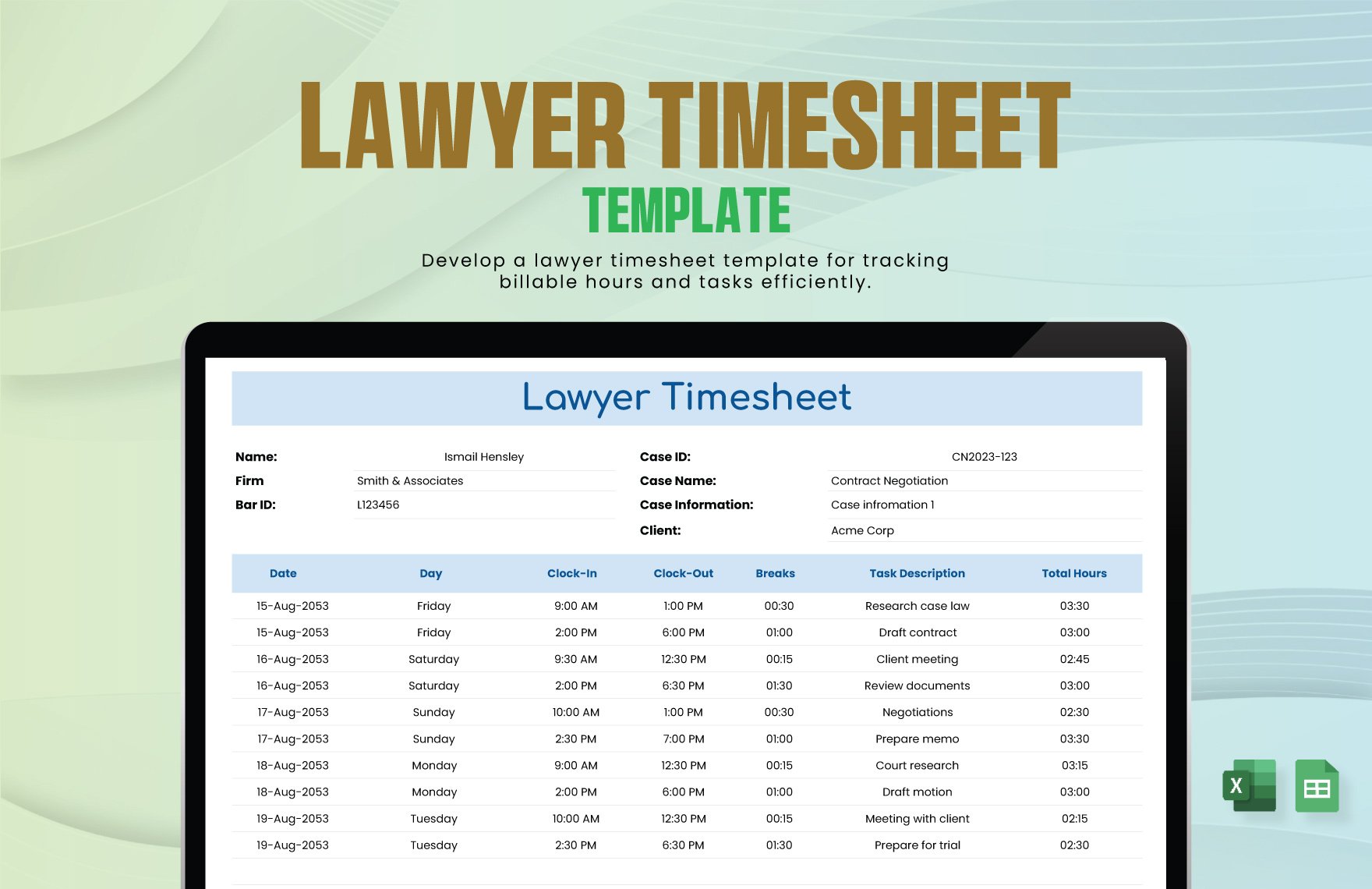 Lawyer Timesheet Template in Excel, Google Sheets