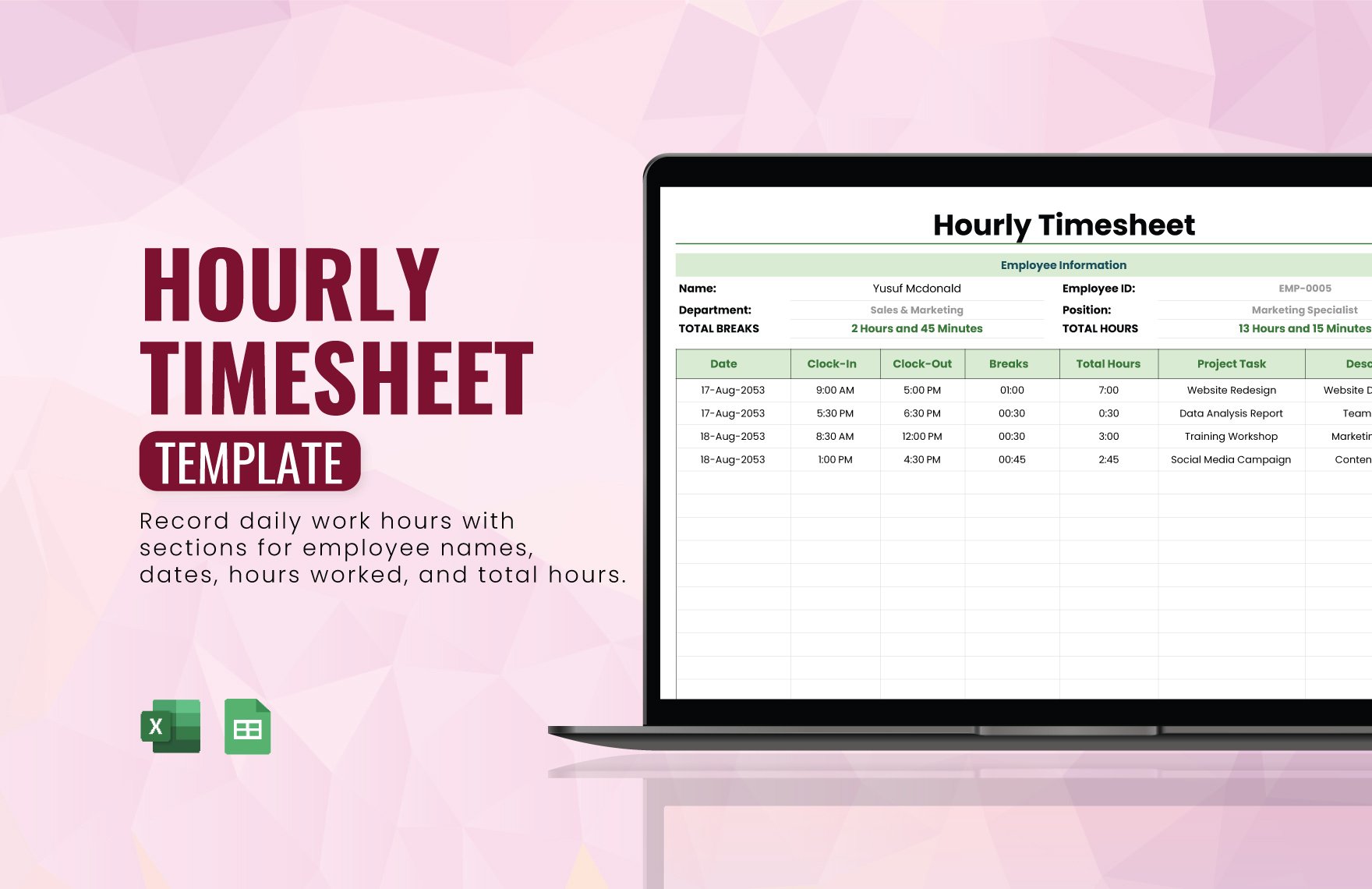 Hourly Timesheet Template in Excel, Google Sheets - Download | Template.net