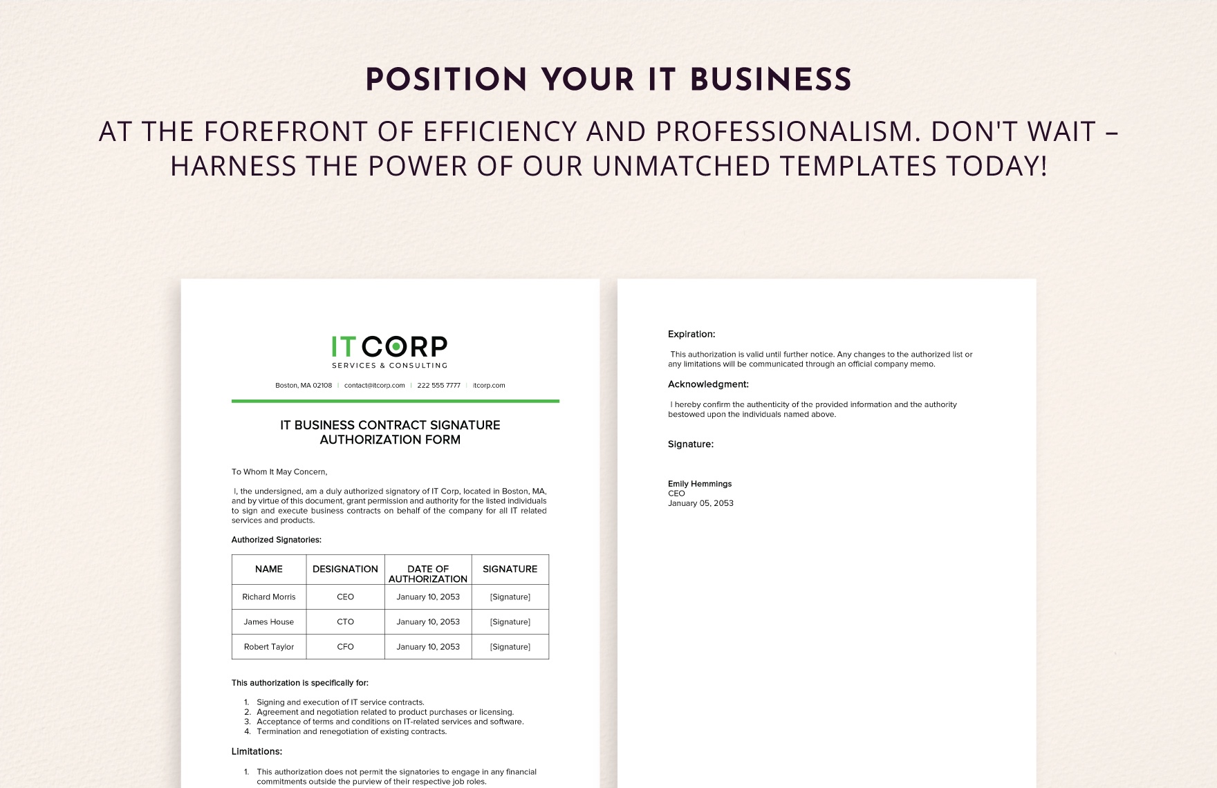 IT Business Contract Signature Authorization Form Template