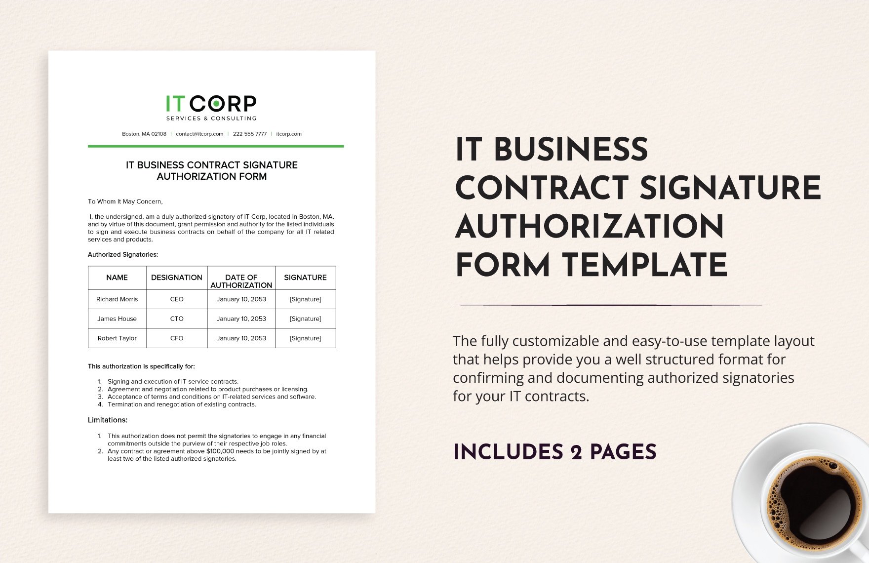 IT Business Contract Signature Authorization Form Template in Word, Google Docs, PDF