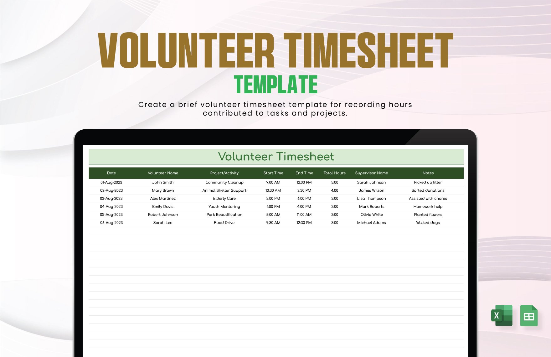 Volunteer Timesheet Template in Excel, Google Sheets