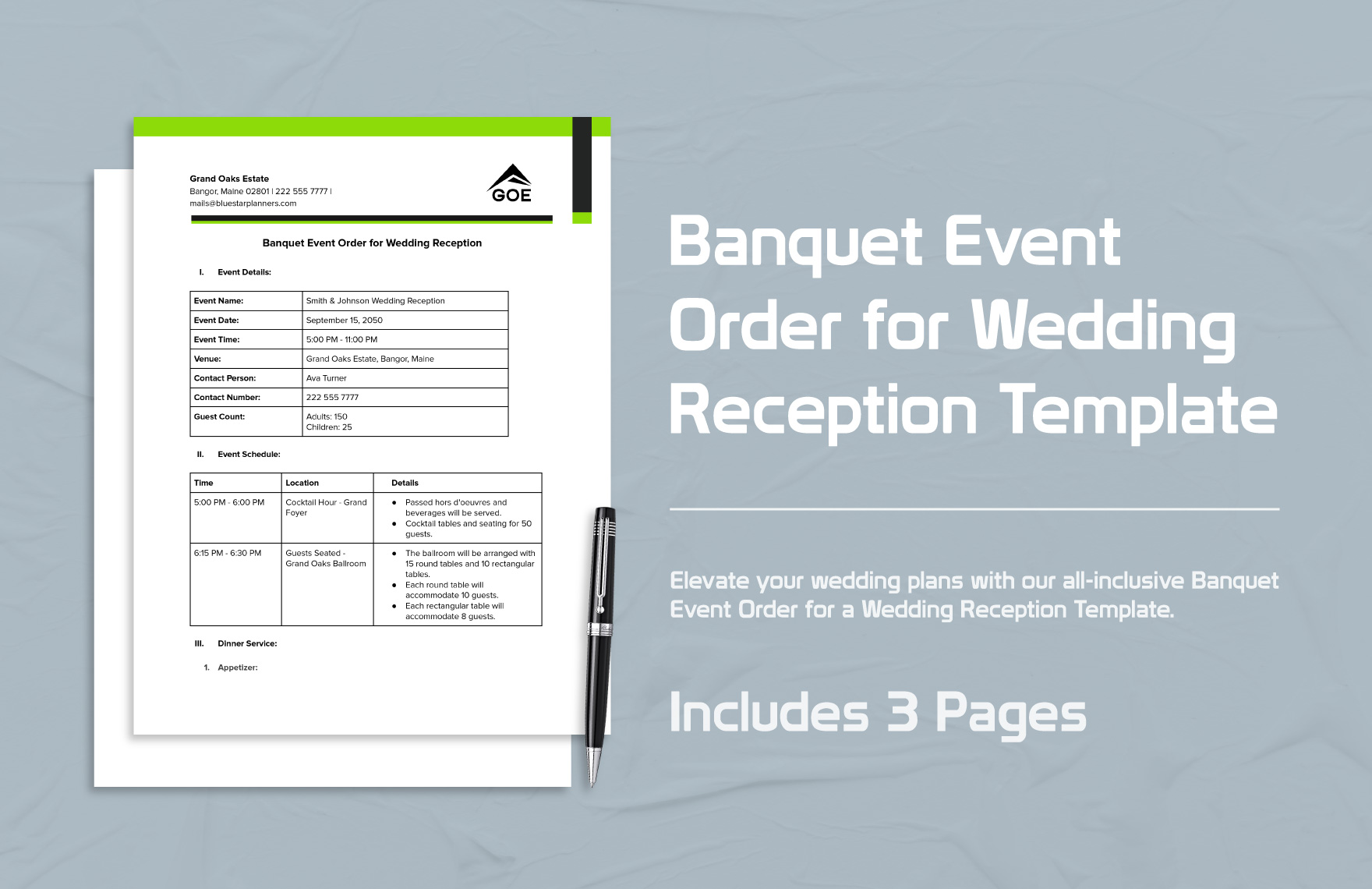  Banquet Event Order for Wedding Reception Template