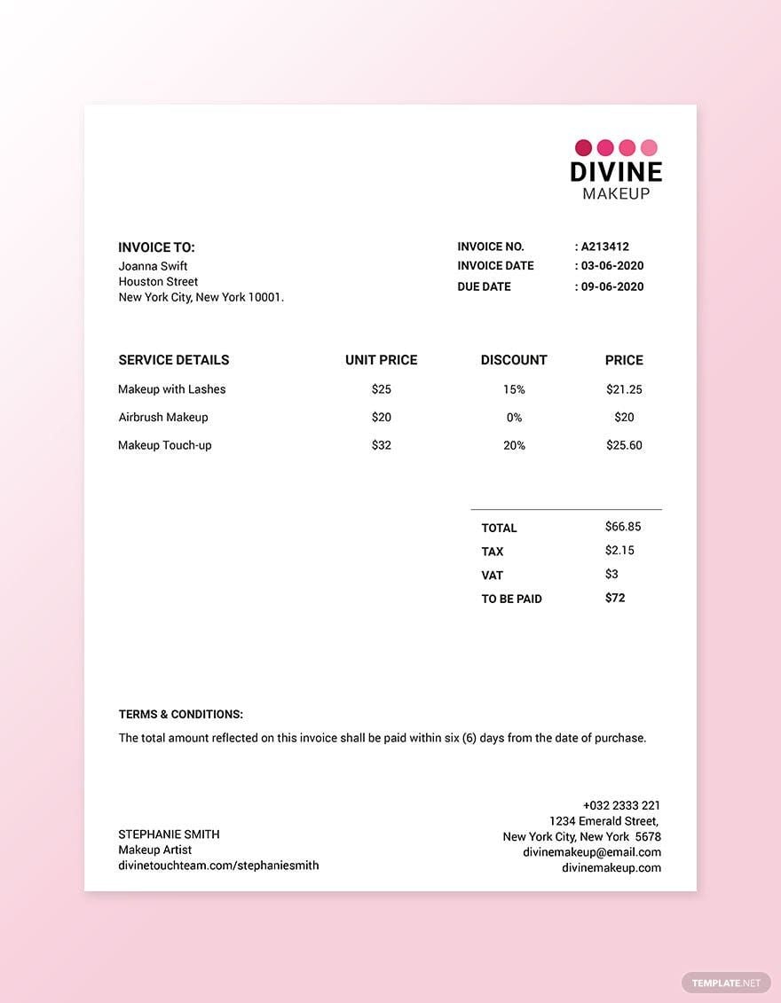 Makeup Artist Invoice Template in Word, Google Docs, Excel, PDF, Google Sheets, Illustrator, PSD, Apple Pages, InDesign, Apple Numbers