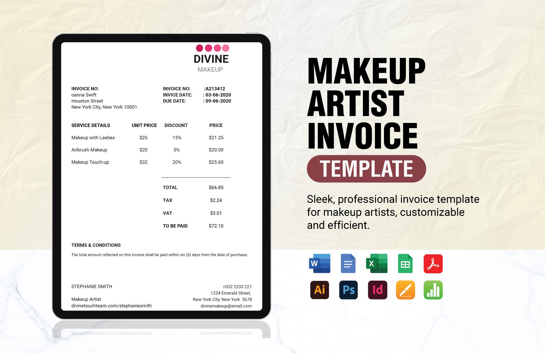 Makeup Artist Invoice Template in Word, Google Docs, Excel, PDF, Google Sheets, Illustrator, PSD, Apple Pages, InDesign, Apple Numbers