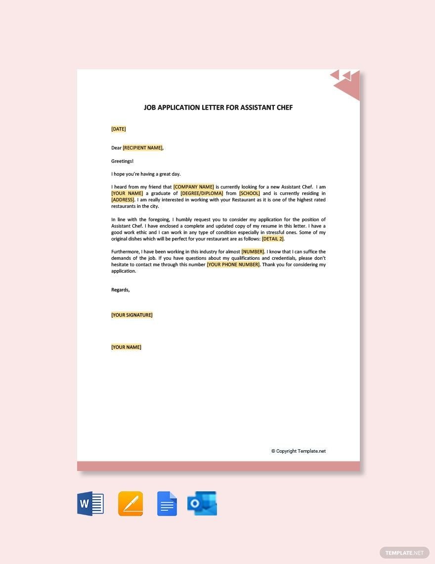 Free Job Application Letter for Assistant Chef Template