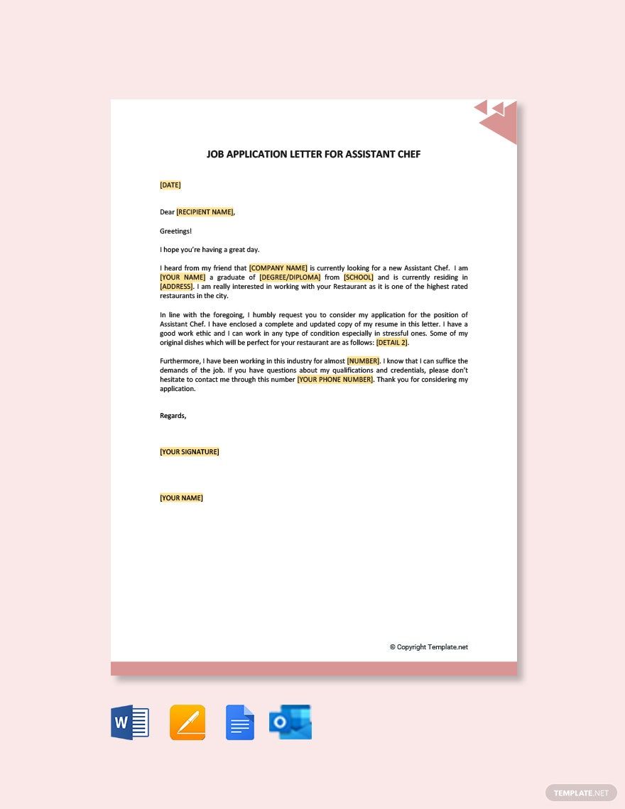 Job Application Letter for Assistant Chef in Google Docs, Pages, Word, Outlook, PDF - Download | Template.net