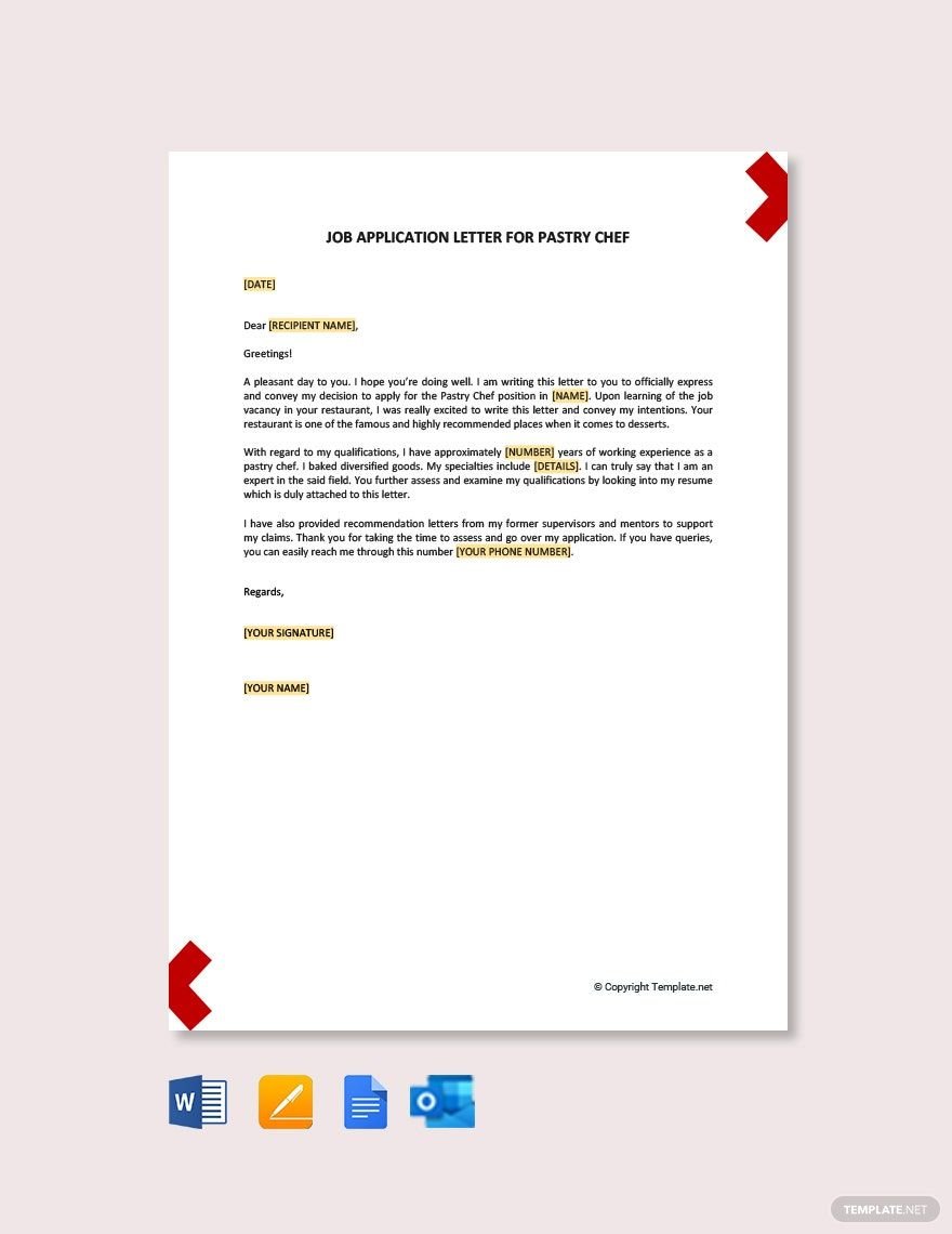 Job Application Letter for Pastry Chef Template