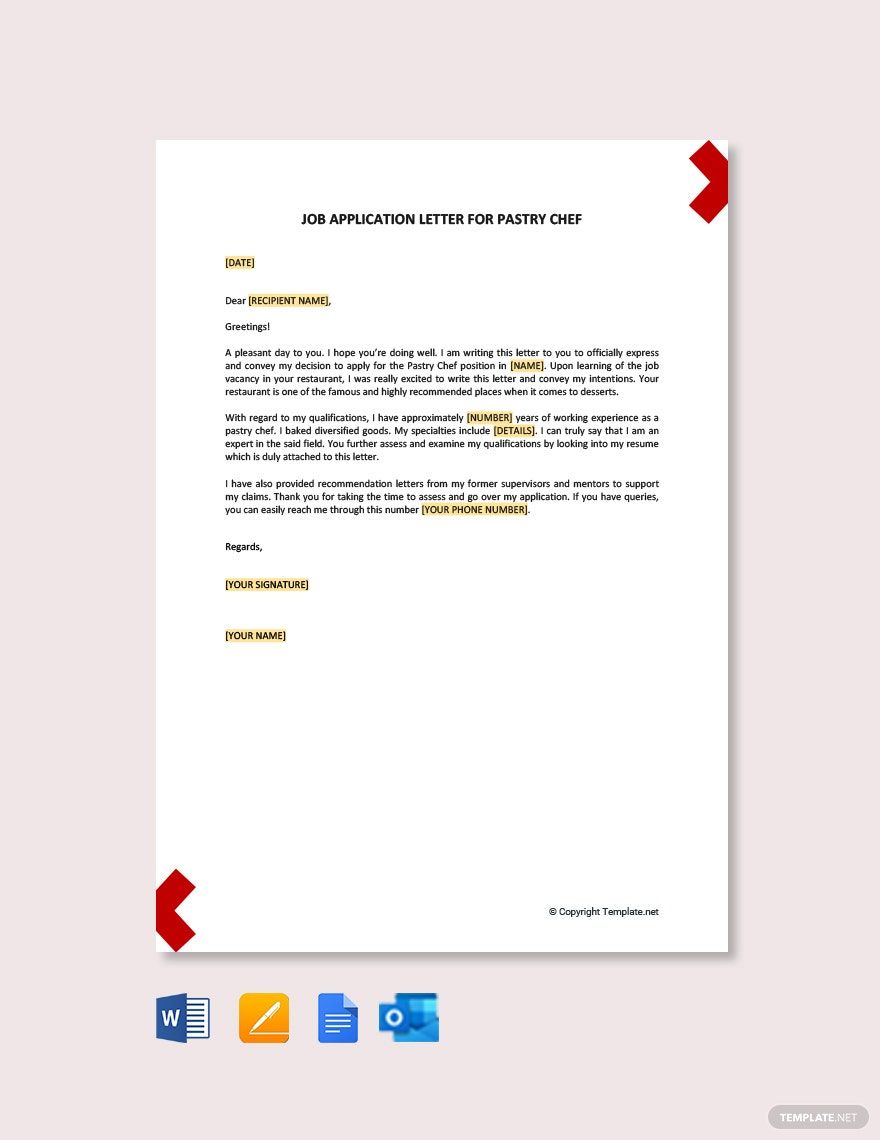 Job Application Letter for Pastry Chef in Word, Google Docs, PDF - Download | Template.net