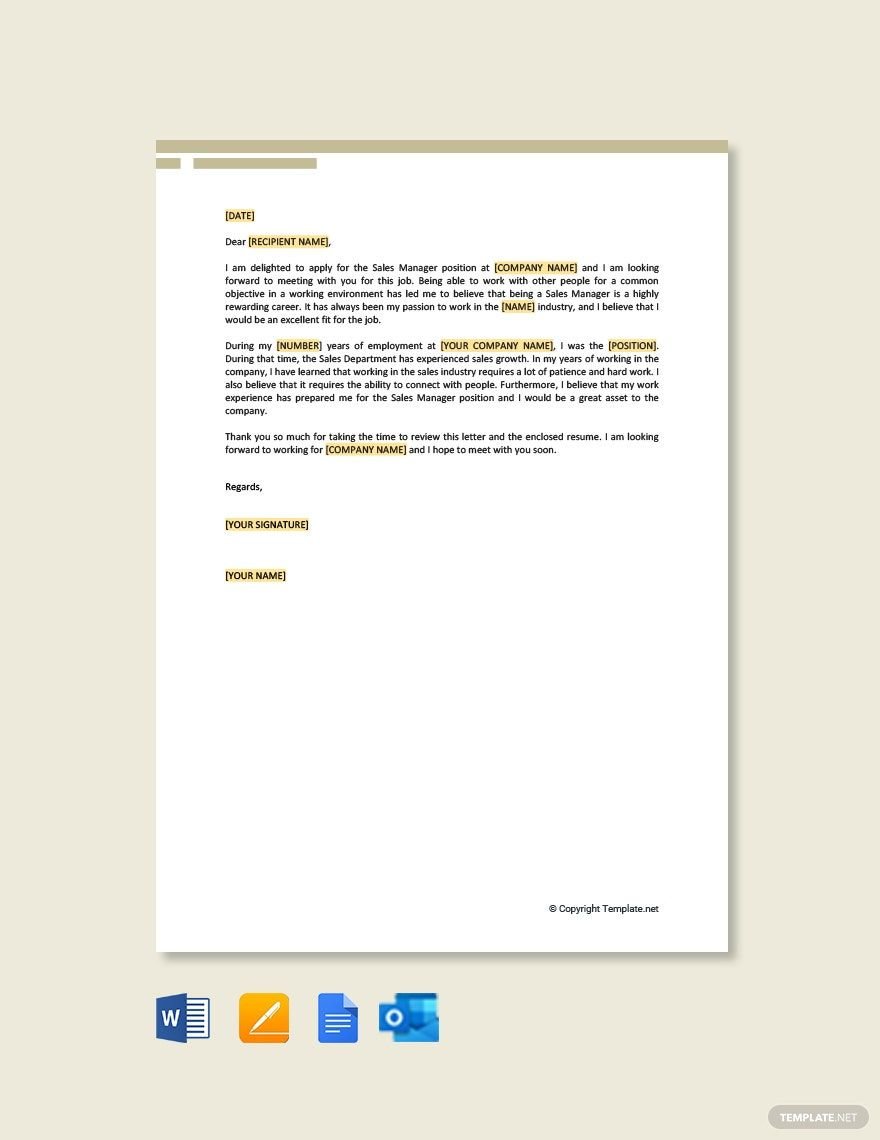 Free Job Application Letter for Sales Manager Template