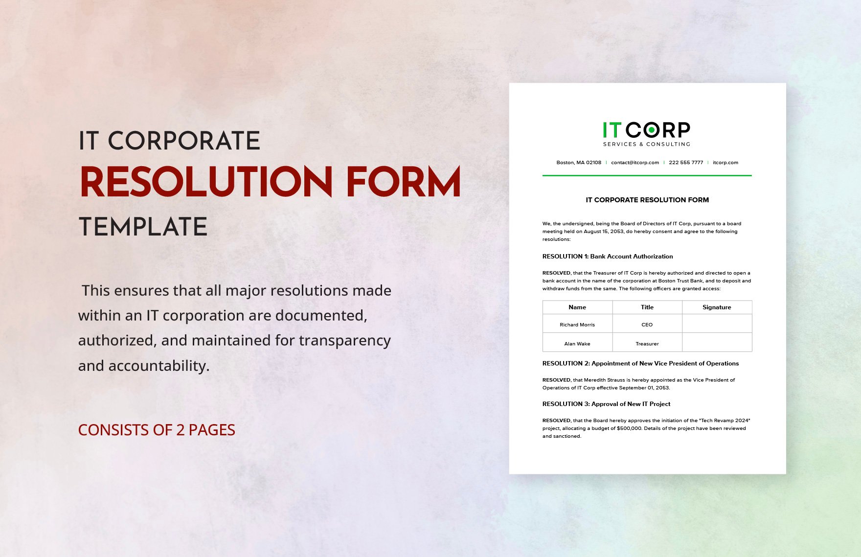 IT Corporate Resolution Form Template in Word, Google Docs, PDF