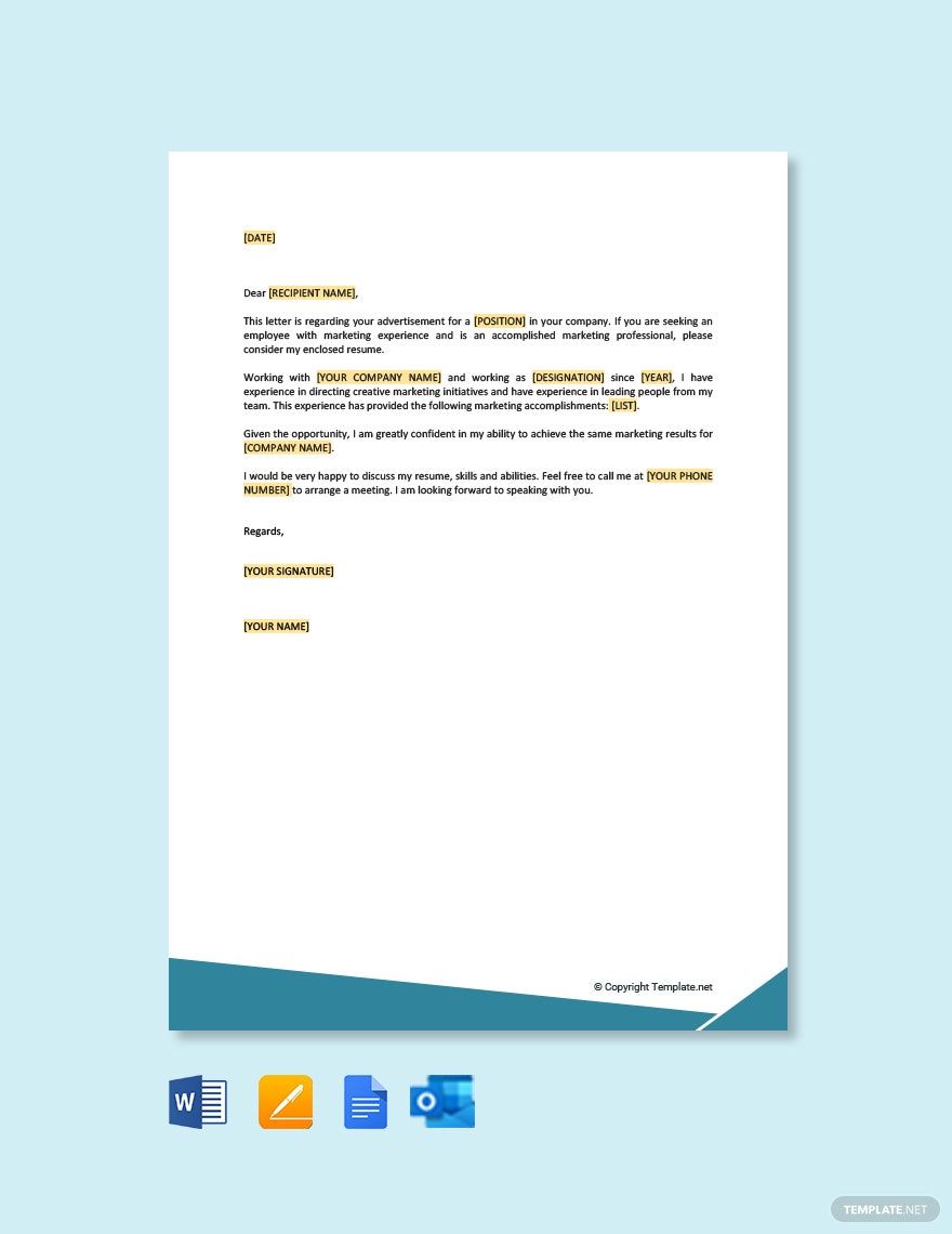 Job Application Letter to Marketing Manager in Google Docs, Word, Pages, Outlook, PDF - Download | Template.net