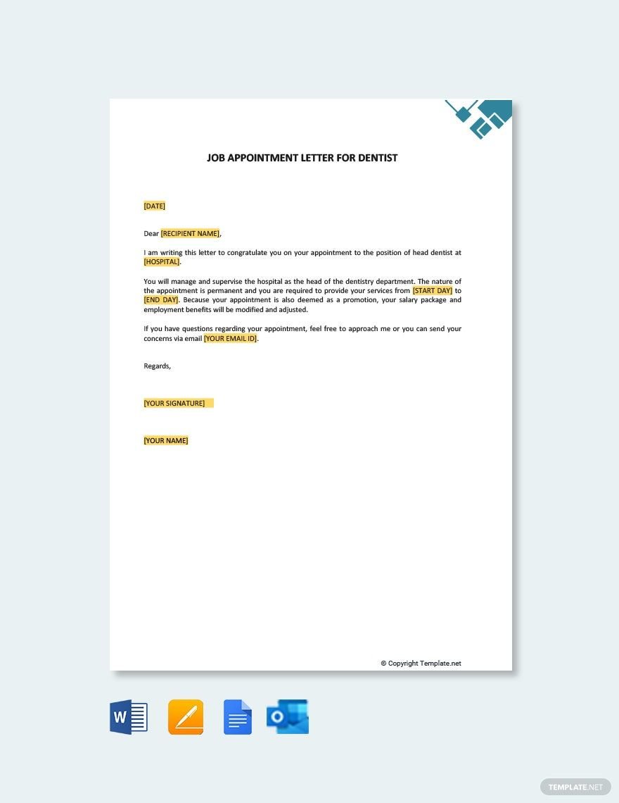 Free Job Appointment Letter for Dentist Template