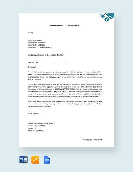 FREE Job Appointment Letter for Dentist Template Word Google Docs