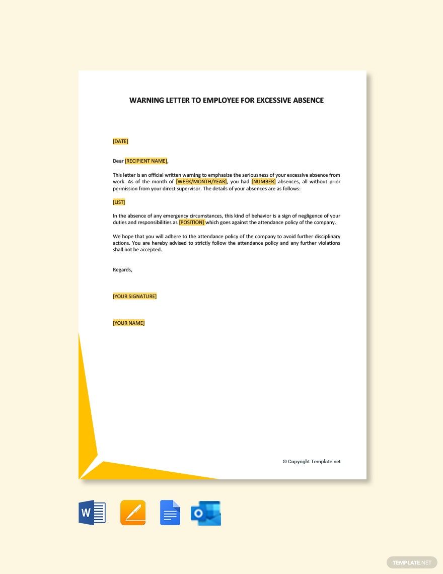 Warning Letter To Employee For Excessive Absence in Google Docs, Pages, Word, Outlook, PDF - Download | Template.net