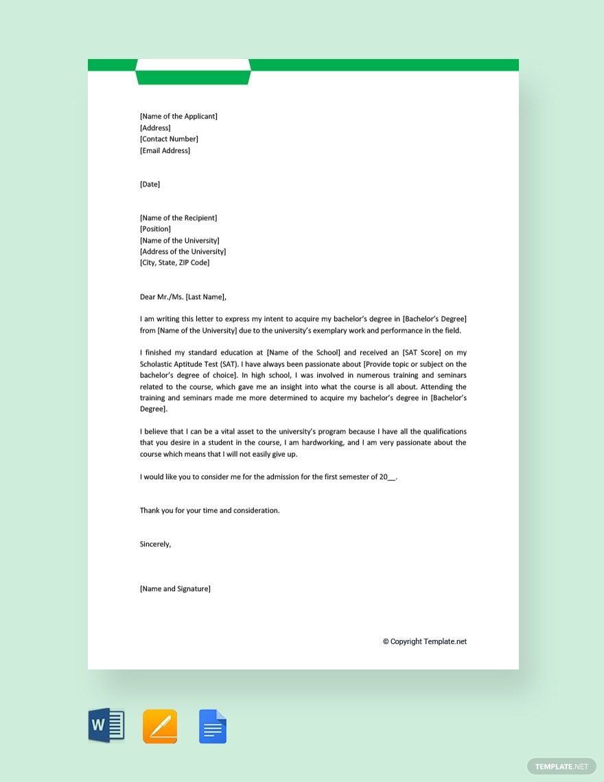 Letter of Intent for University Application Template