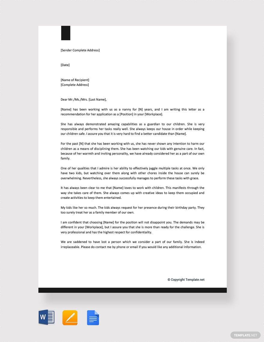 Nanny Reference Letter In Google Docs Pages Pdf Word Download Template Net