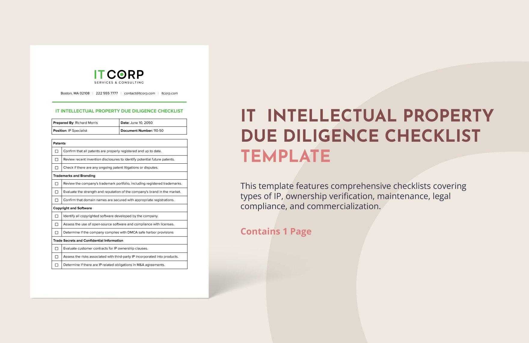 IT  Intellectual Property Due Diligence Checklist Template in Word, Google Docs, PDF