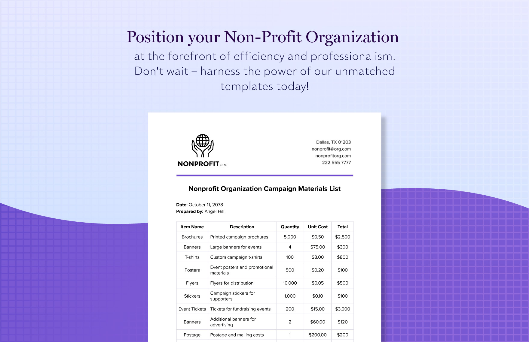 Nonprofit Organization Campaign Materials List Template