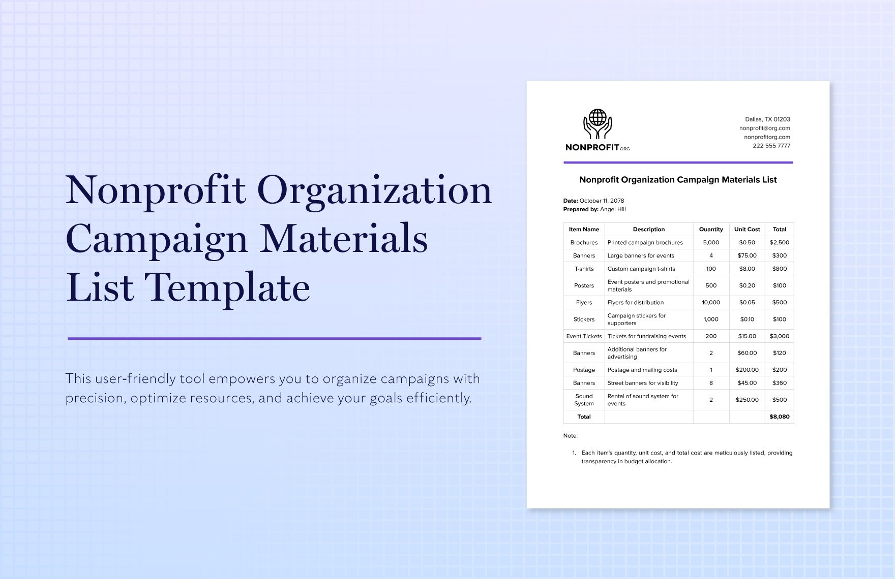 Nonprofit Organization Campaign Materials List Template in Word, Google Docs, PDF