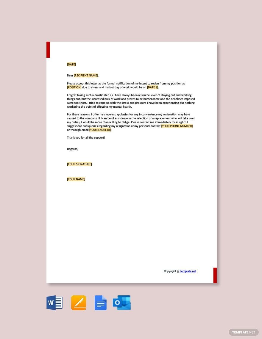 Immediate Resignation Letter Due to Stress in Word, Google Docs, PDF, Apple Pages, Outlook