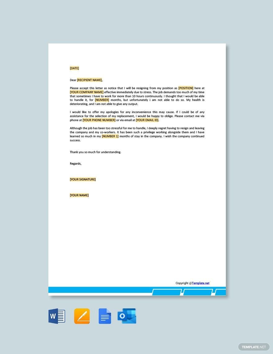 Free Resignation Letter Because Of Stress Template