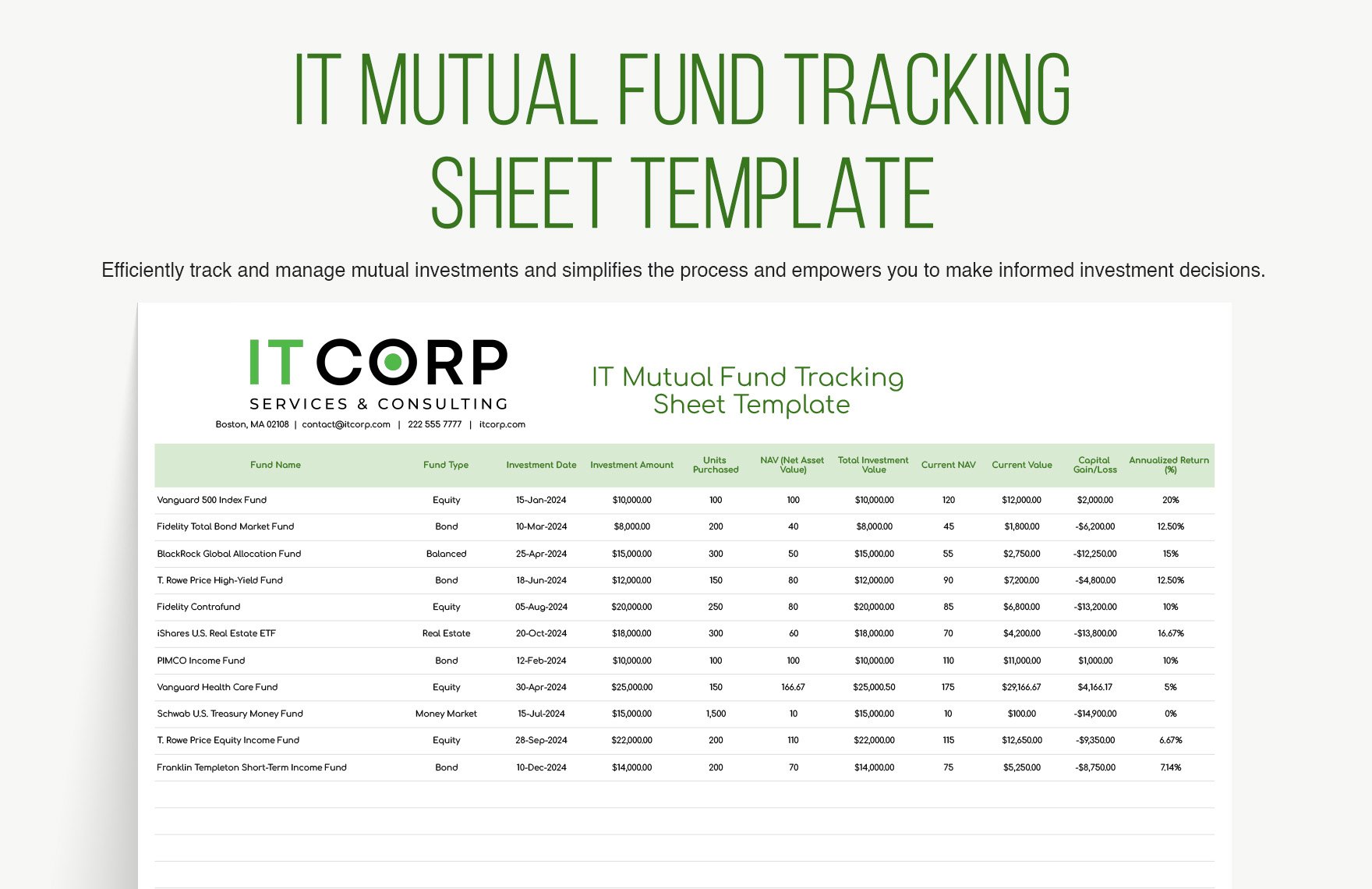 IT Mutual Fund Tracking Sheet Template in Excel, Google Sheets