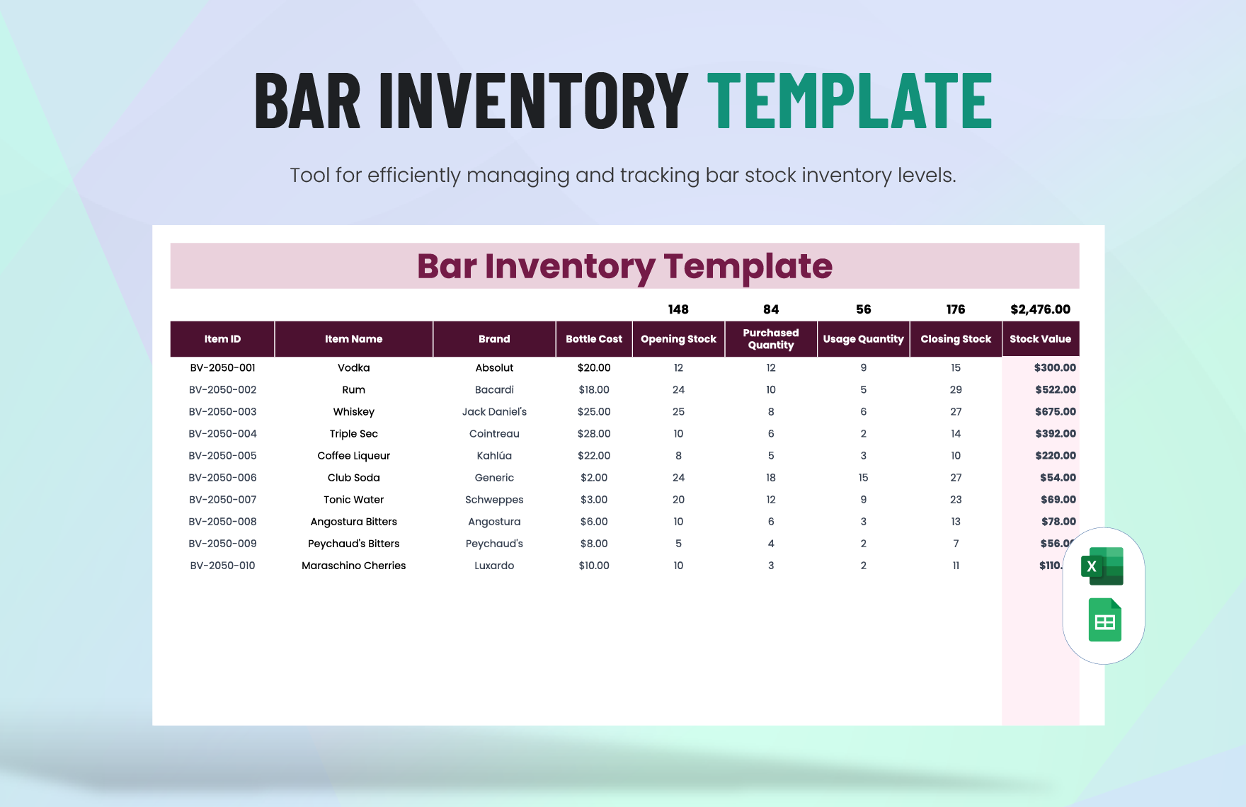 Bar Inventory Template in Excel, Google Sheets