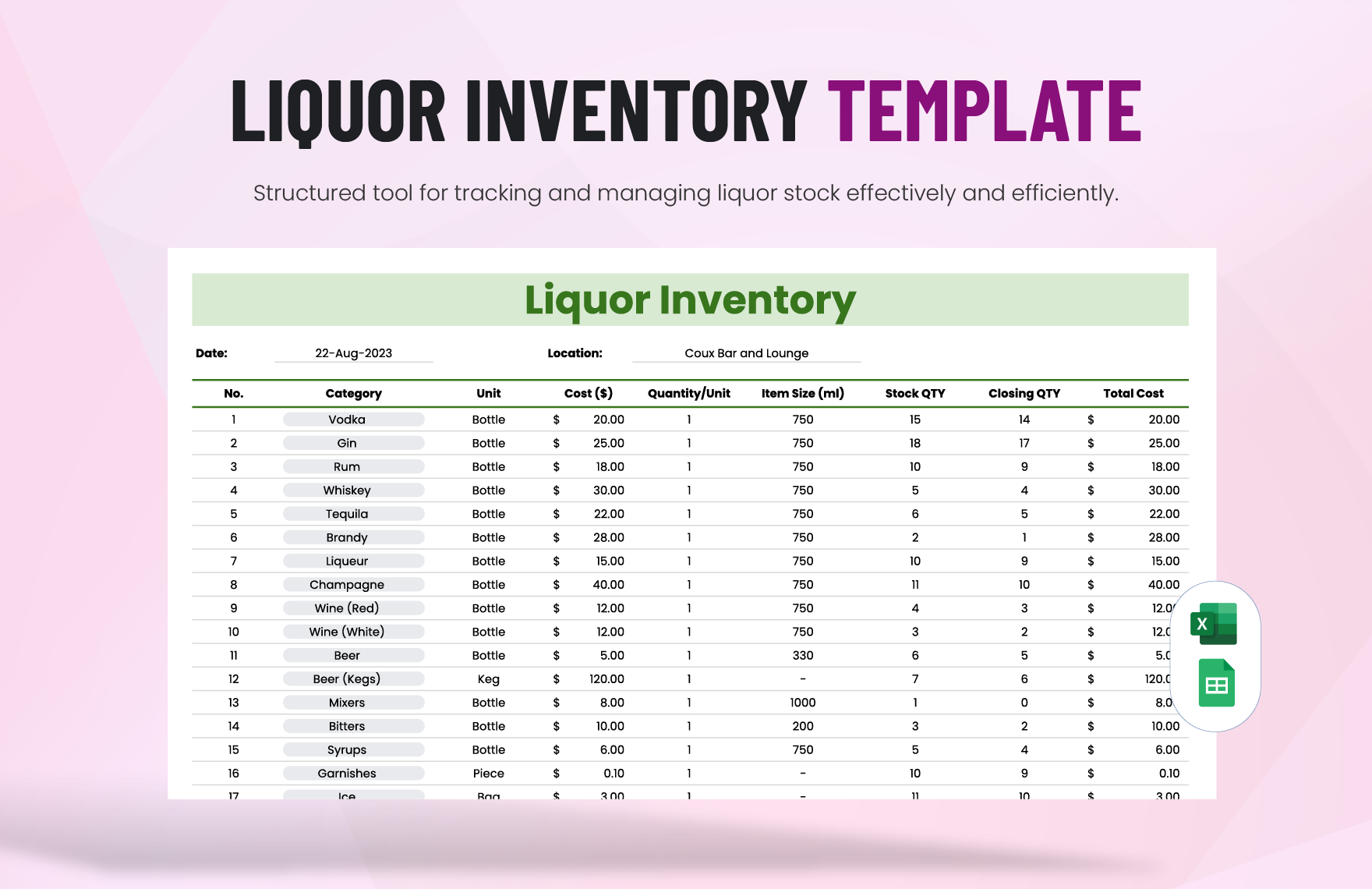 Liquor Inventory Template in Excel, Google Sheets