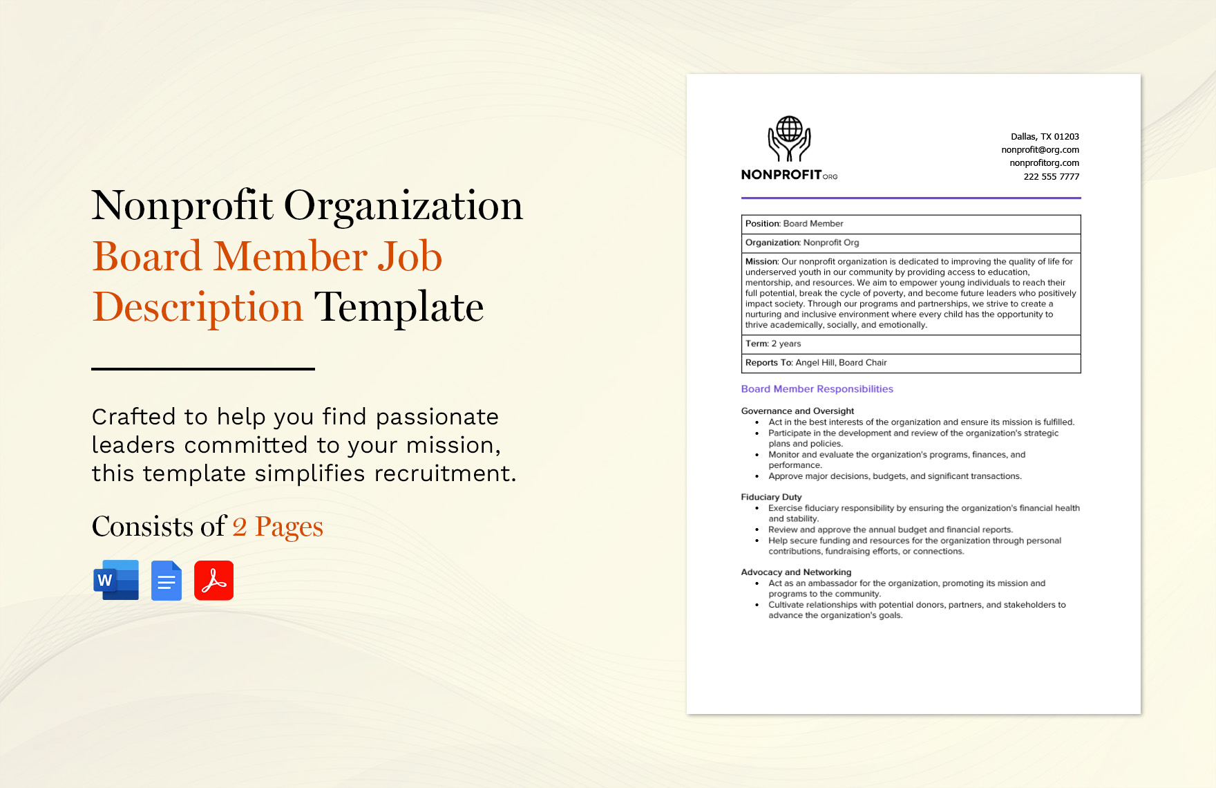 Nonprofit Organization Board Member Job Description Template in Word, Google Docs, PDF