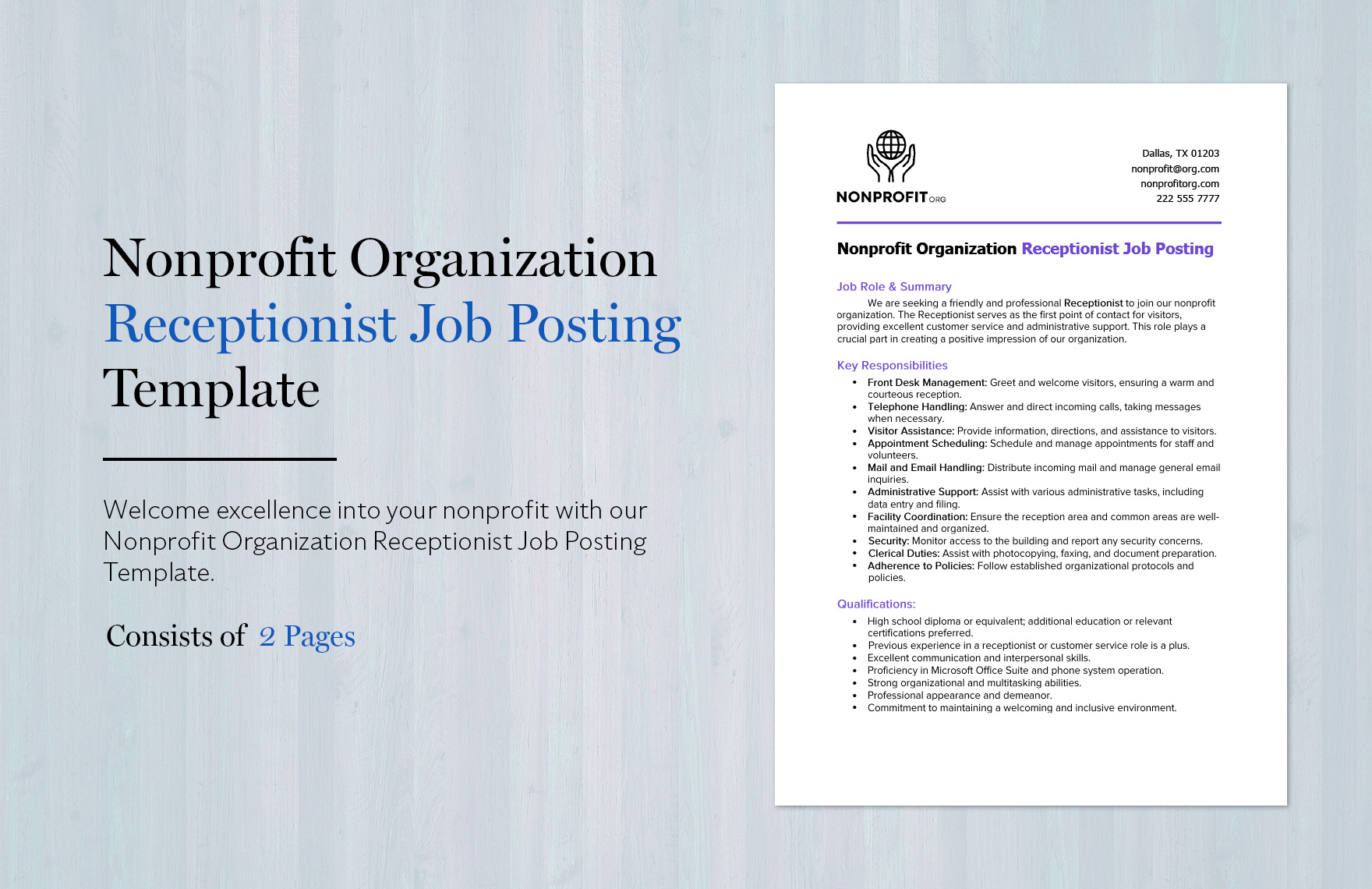 Nonprofit Organization Receptionist Job Posting Template - Download in ...