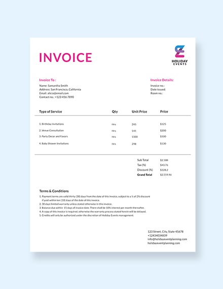 event planner invoice template  word doc  excel  psd