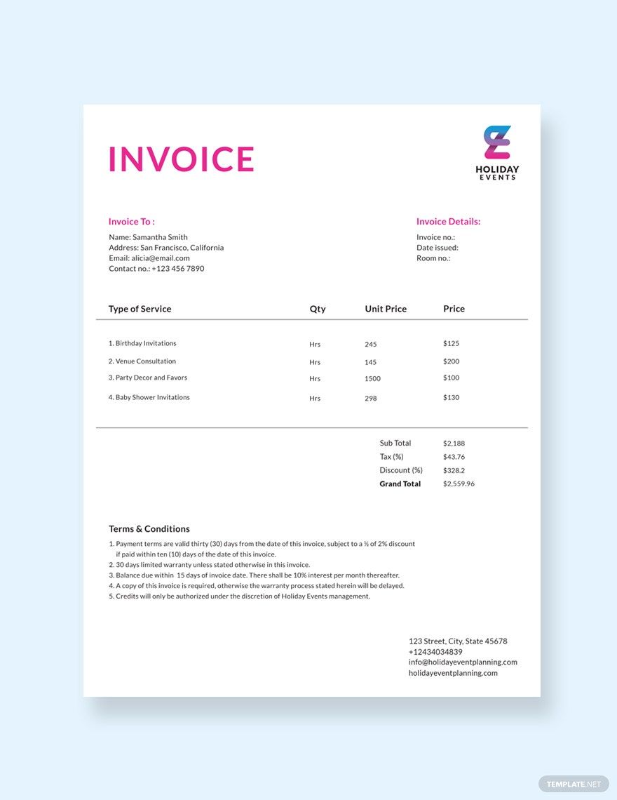 Free Event Planner Invoice Template in Word, Google Docs, Excel, PDF, Google Sheets, Illustrator, PSD, Apple Pages, Publisher, InDesign, Apple Numbers