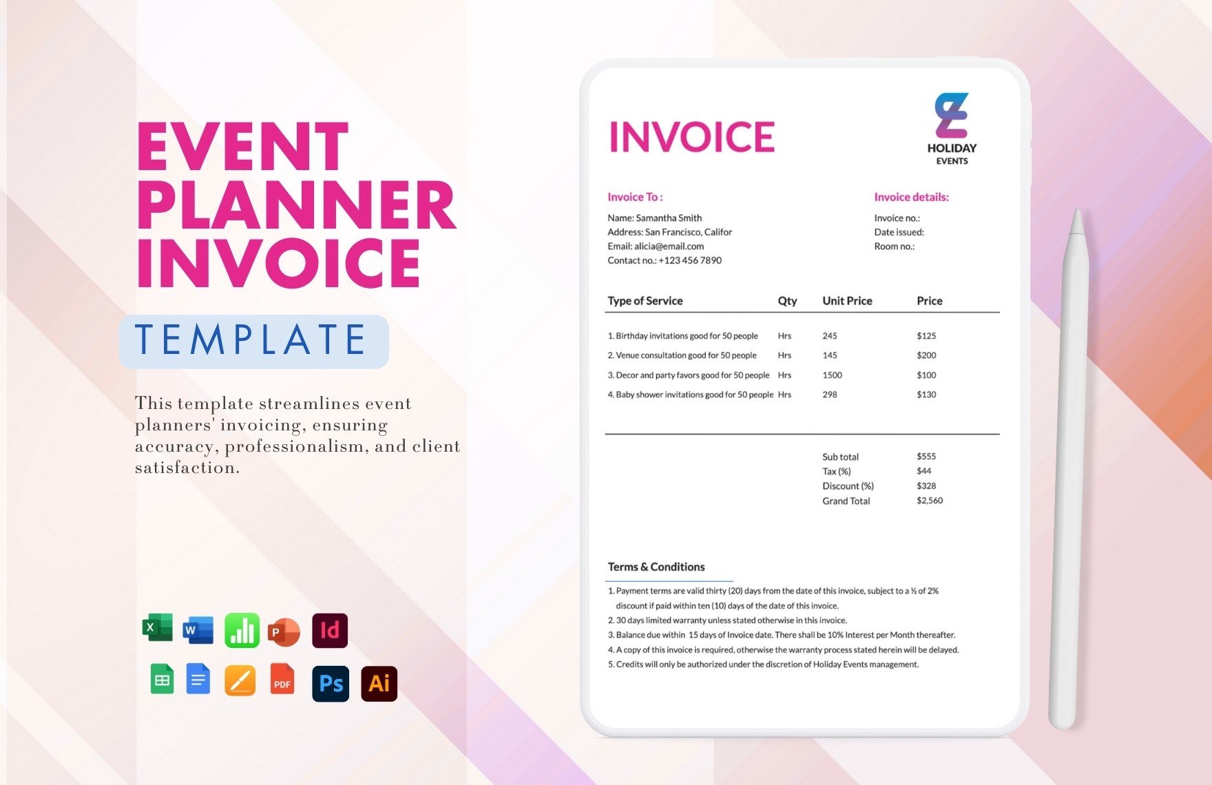 Free Event Planner Invoice Template in Word, Google Docs, Excel, PDF, Google Sheets, Illustrator, PSD, Apple Pages, Publisher, InDesign, Apple Numbers